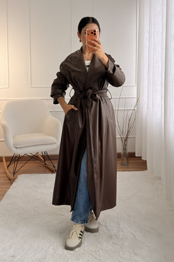 Trench coat longo em napa com cinto