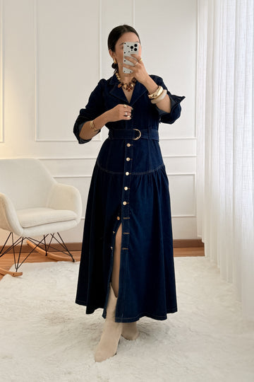 Vestido Comprido em Ganga com Cinto