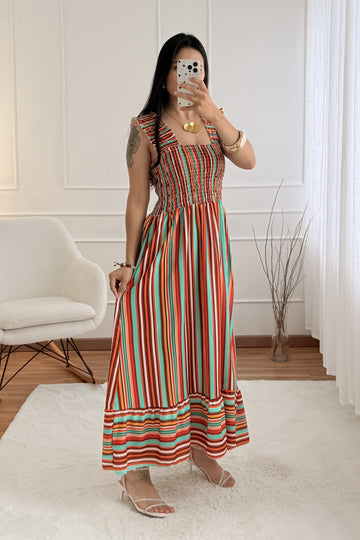 Vestido longo com alças franjadas
