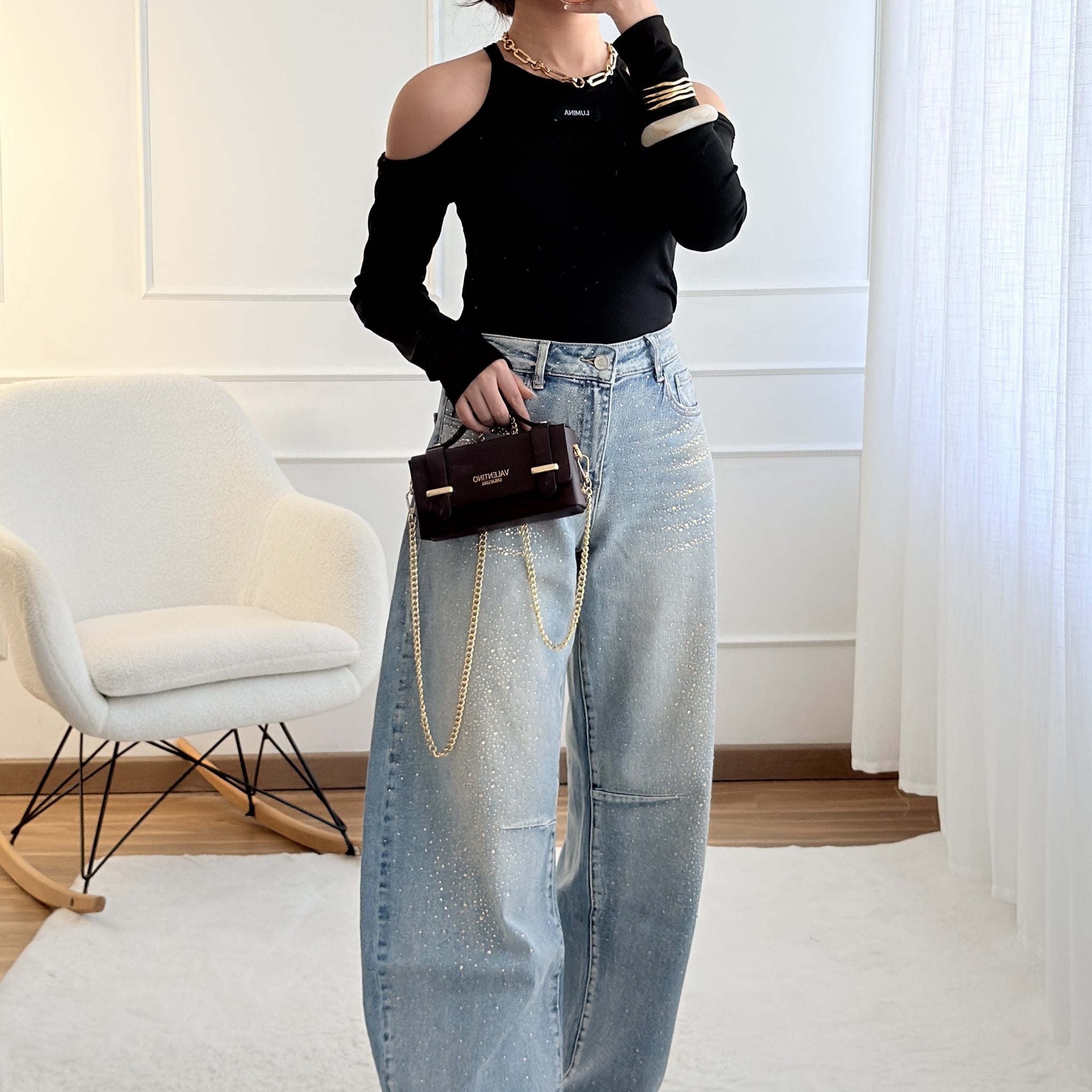 Jeans balloon fit com strass QUEEN HEARTS