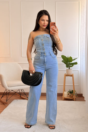 Macacão longo jeans sem alças