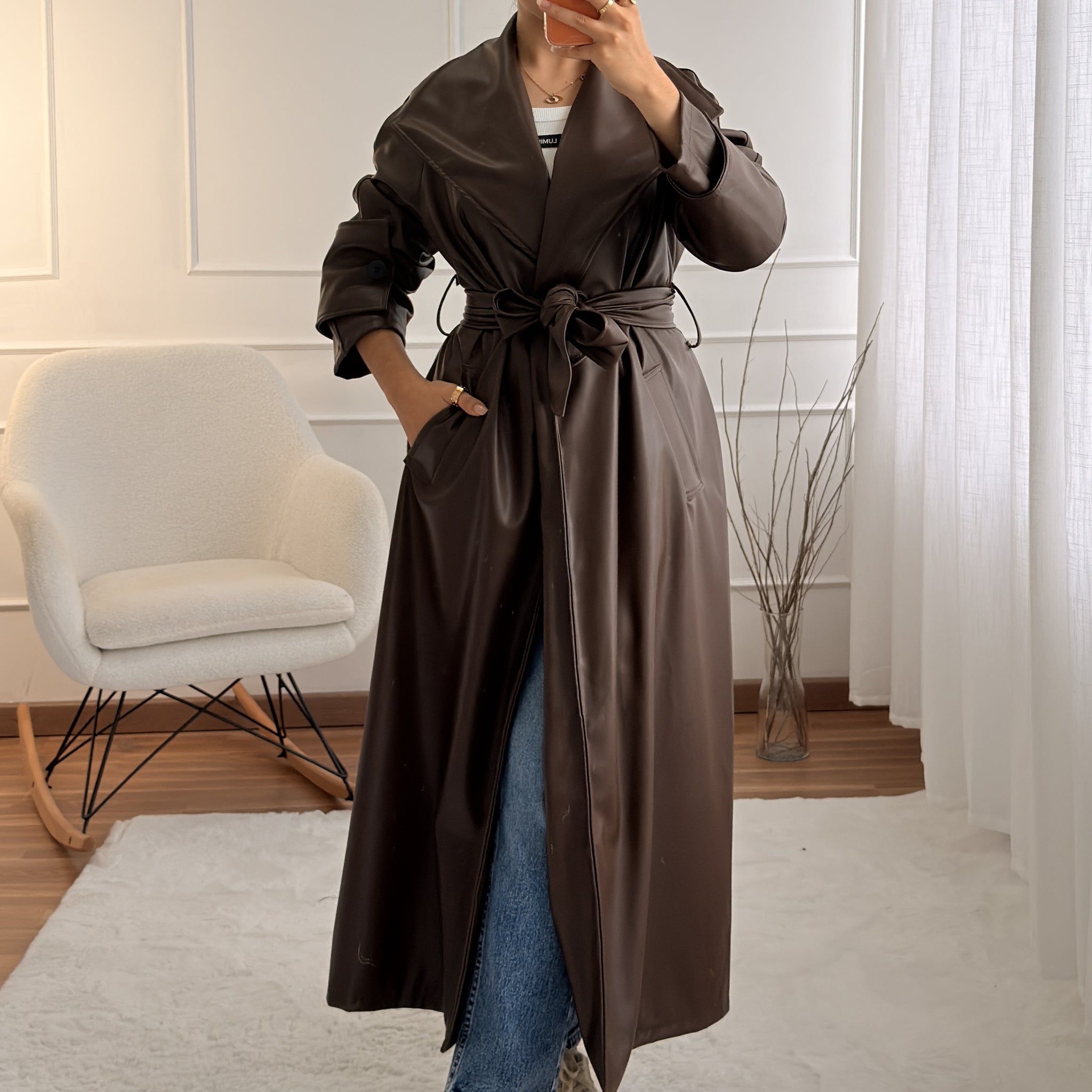 Trench coat longo em napa com cinto