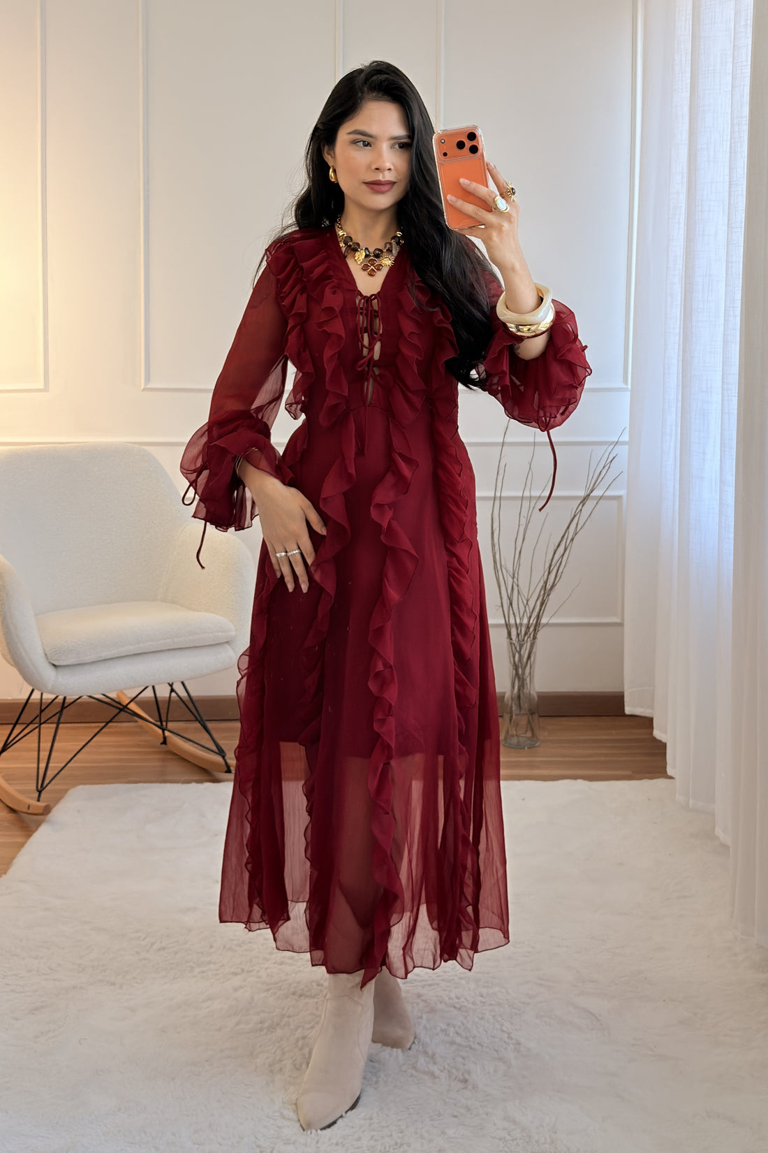 Vestido longo chiffon babados MOCHY