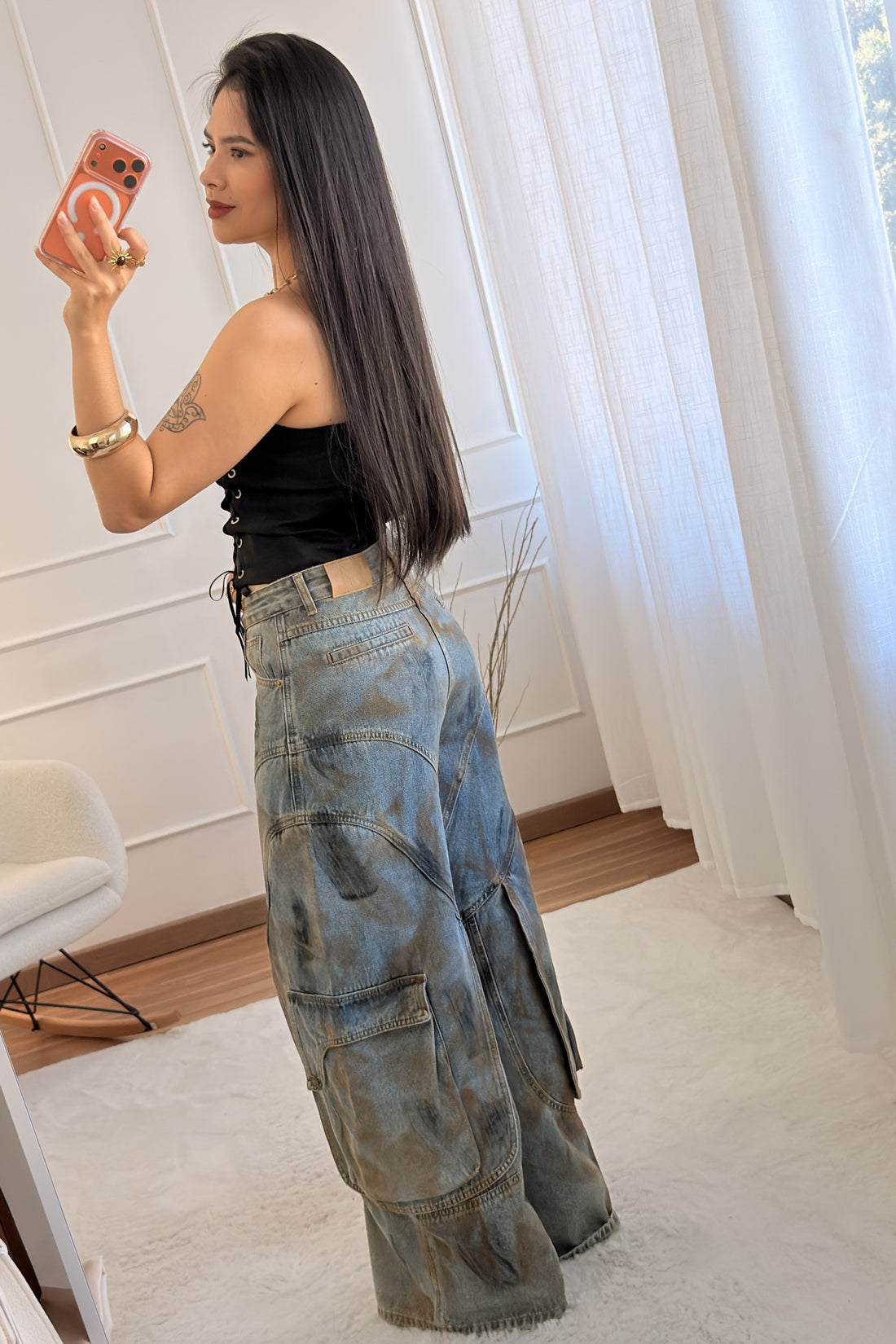 Calça de ganga cargo largas MOCHY