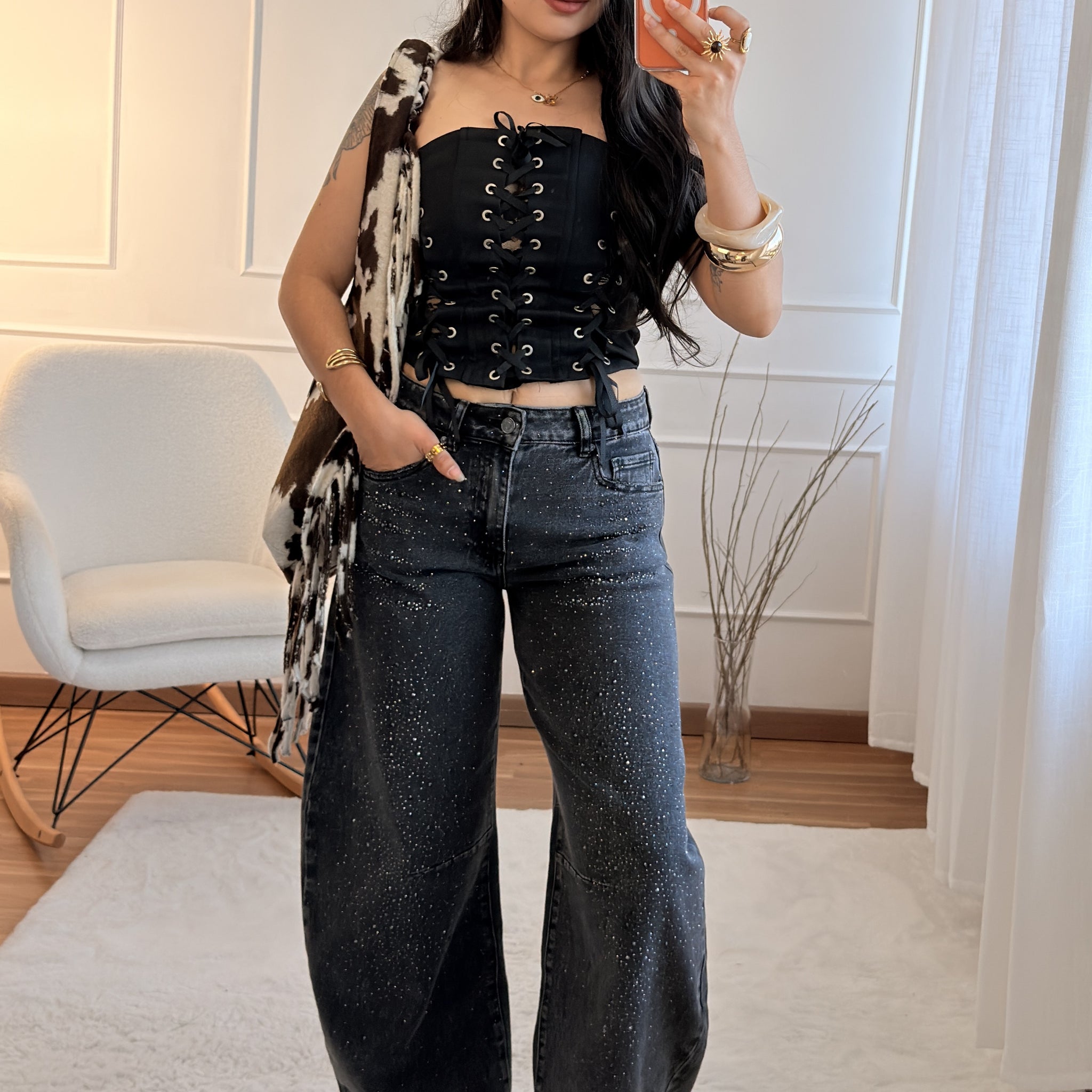 Jeans balloon fit com strass QUEEN HEARTS