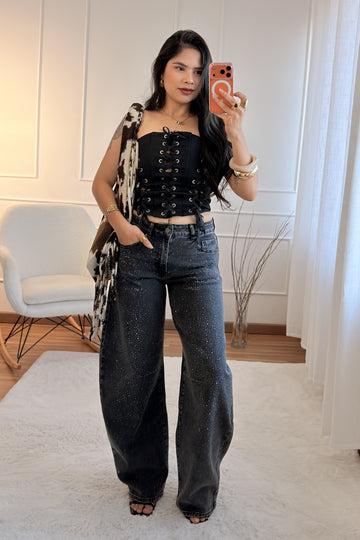 Jeans balloon fit com strass QUEEN HEARTS