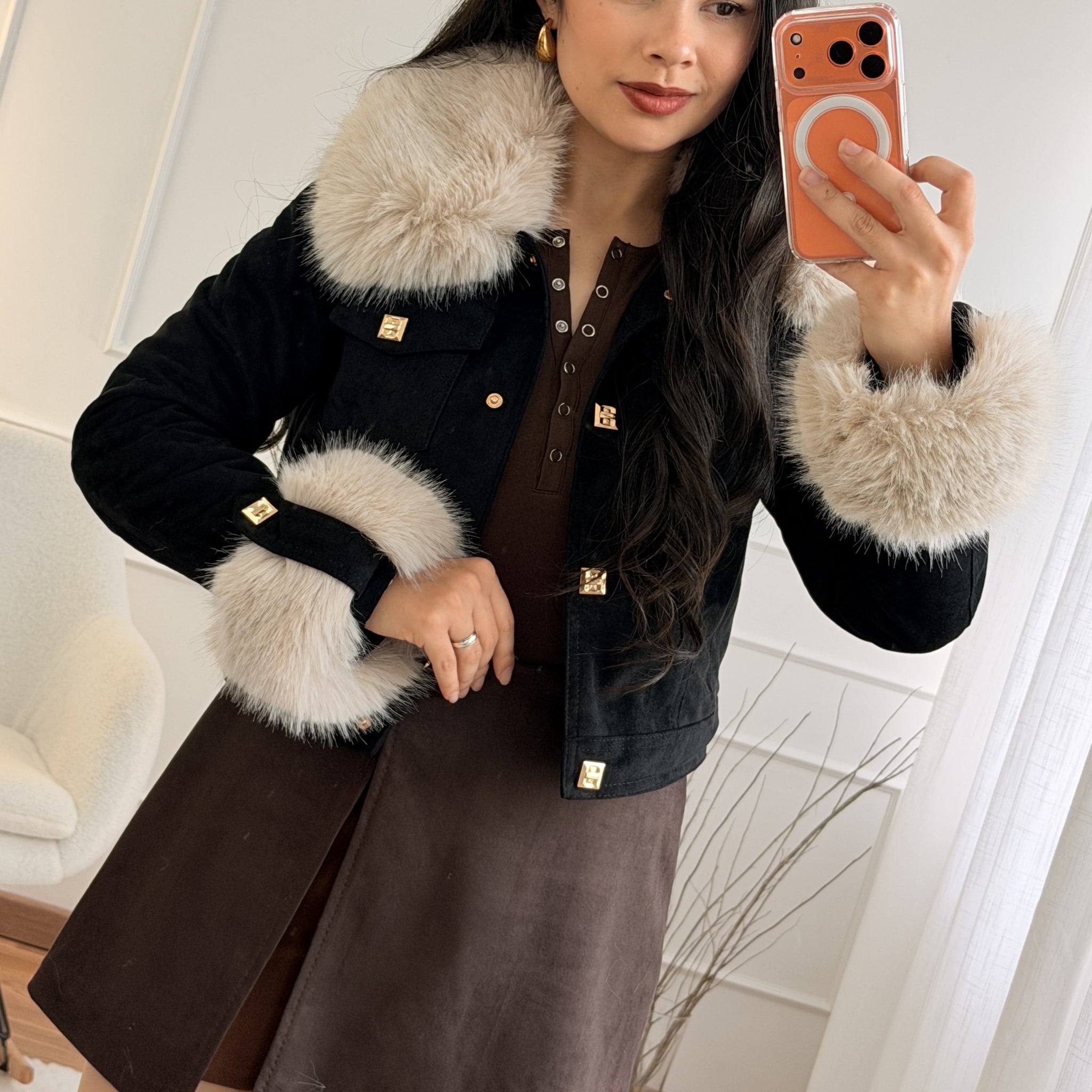 Casaco curto em camurça com pêlo removível FLAMMODE