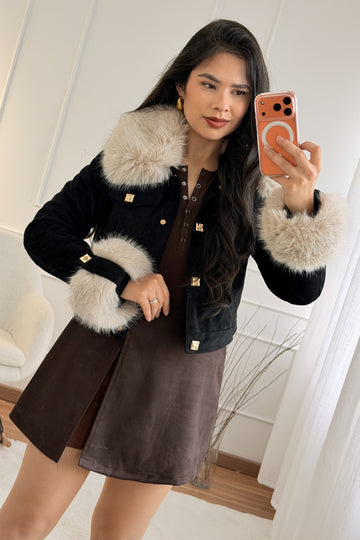 Casaco curto em camurça com pêlo removível FLAMMODE