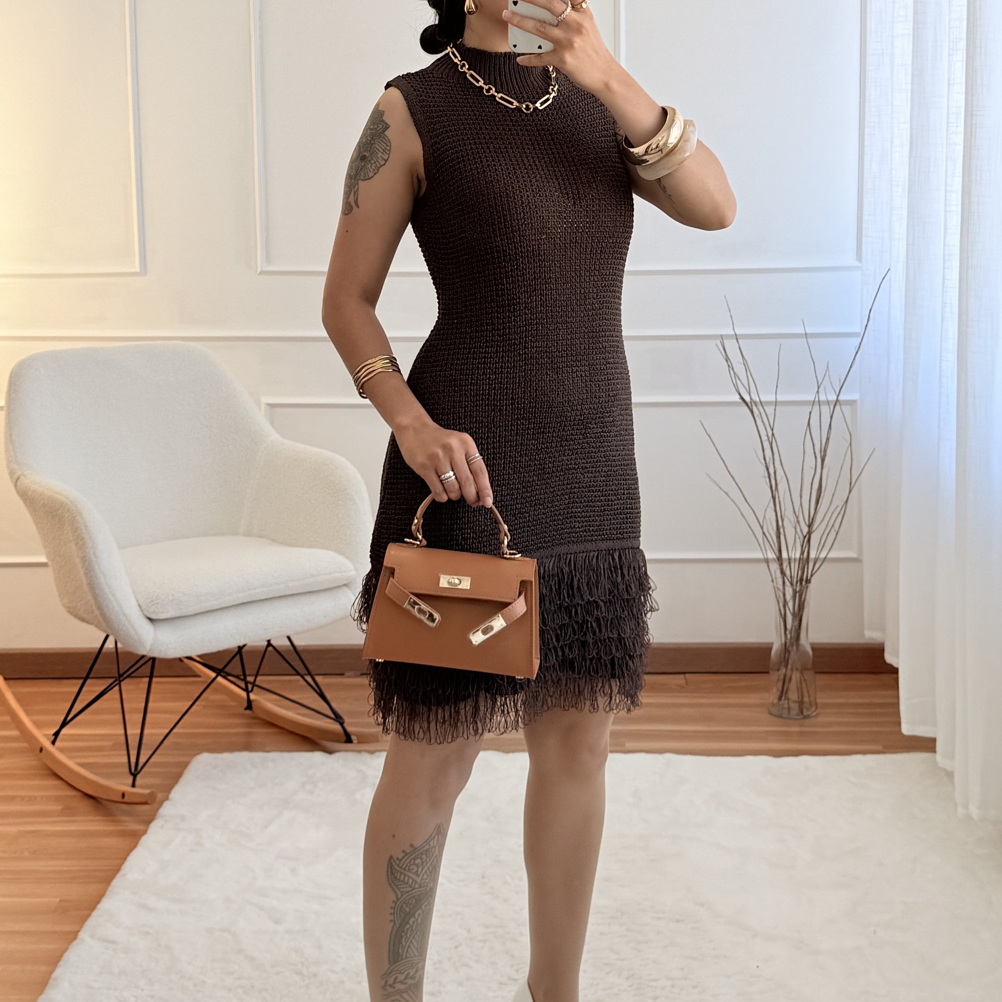 Vestido de malha  detalhe de franjas