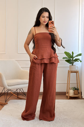 Conjunto de top e calça 100% linho