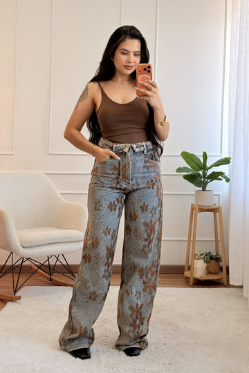 Calça com estampado floral castanho QUEEN HEARTS