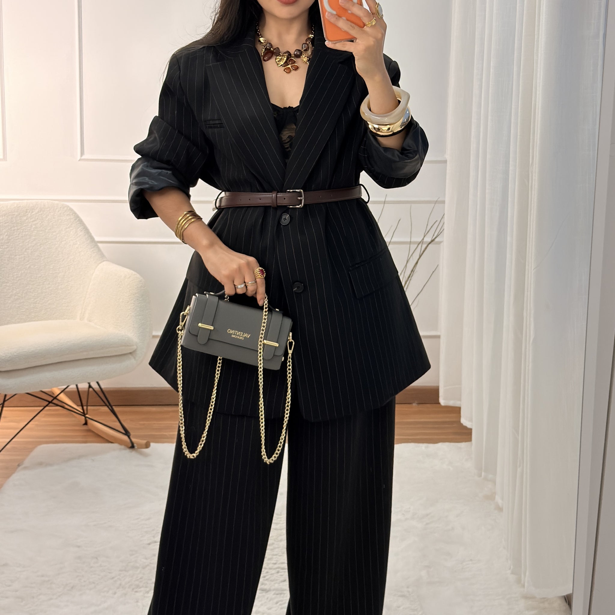 Blazer tecido riscado com cinto LUMINA