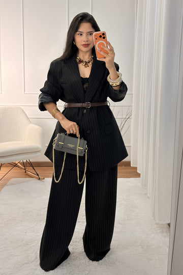 Blazer tecido riscado com cinto LUMINA