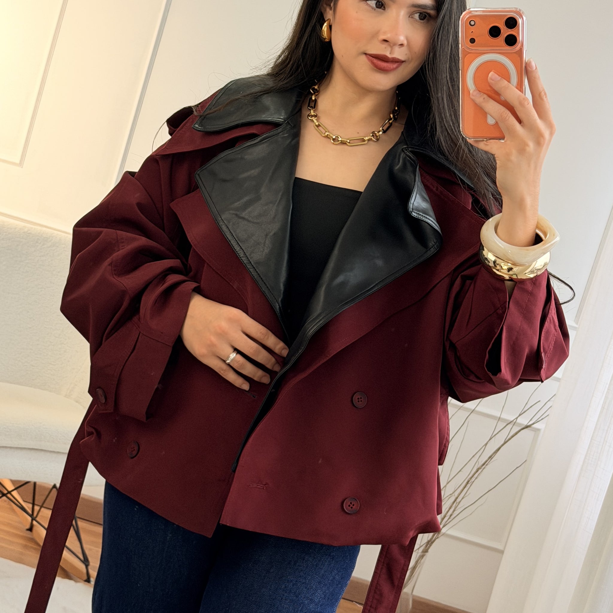 Casaco curto estilo trench com gola dupla MOCHY