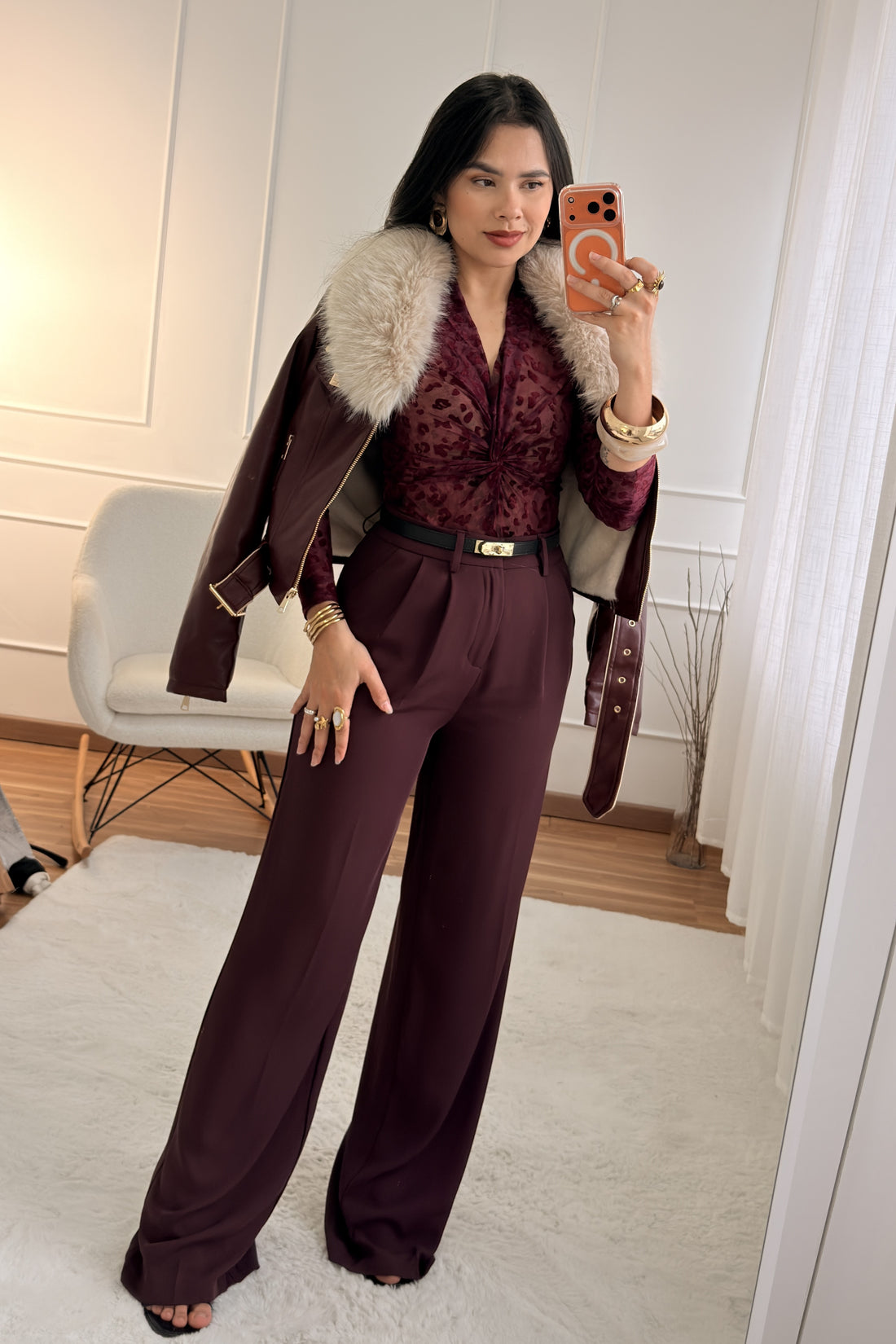 Casaco curto em napa com cinto FLAMMODE