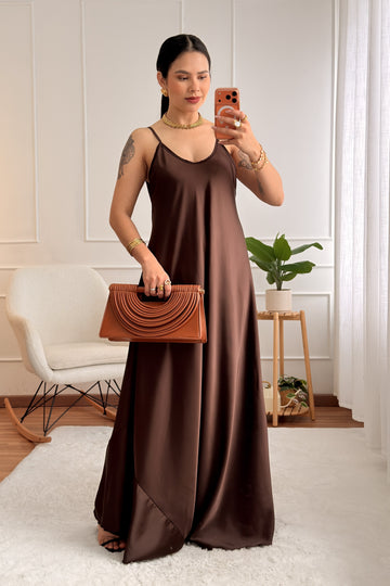 Vestido longo de alças em cetim