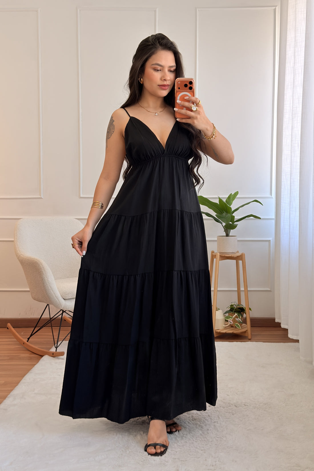 Vestido longo fluido com costuras efeito camadas - lavishiochicvestidolavishiochic