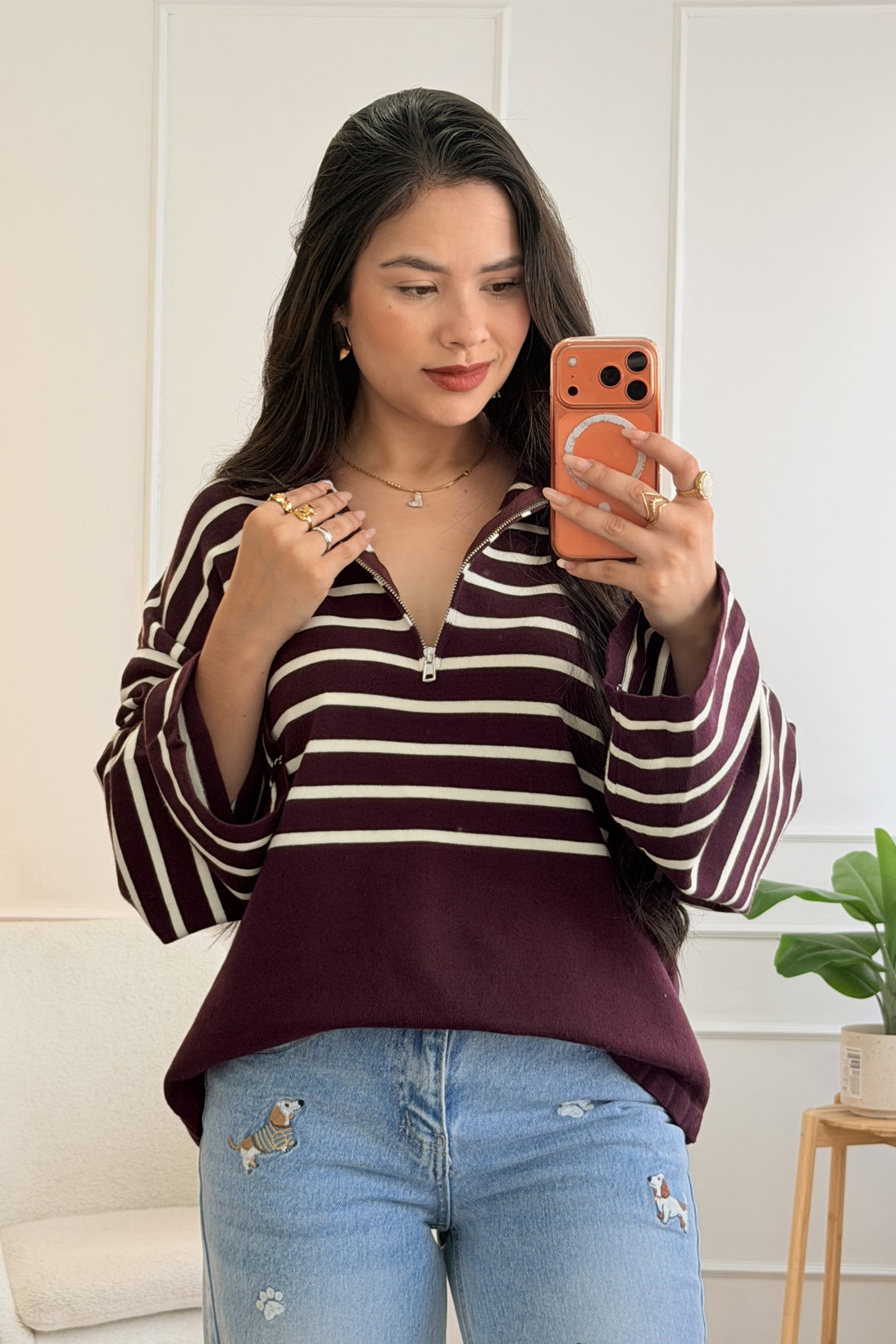 Blusa às riscas com gola polo e fecho-éclair - lavishiochicBlusalavishiochic