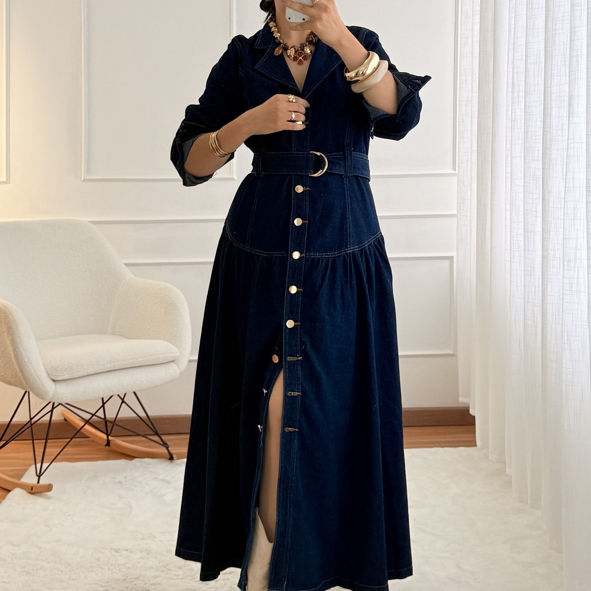 Vestido Comprido em Ganga com Cinto