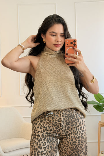 Top halter de gola alta em tecido brilhante