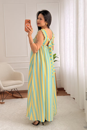 Vestido alça babado listrado com costas em laço