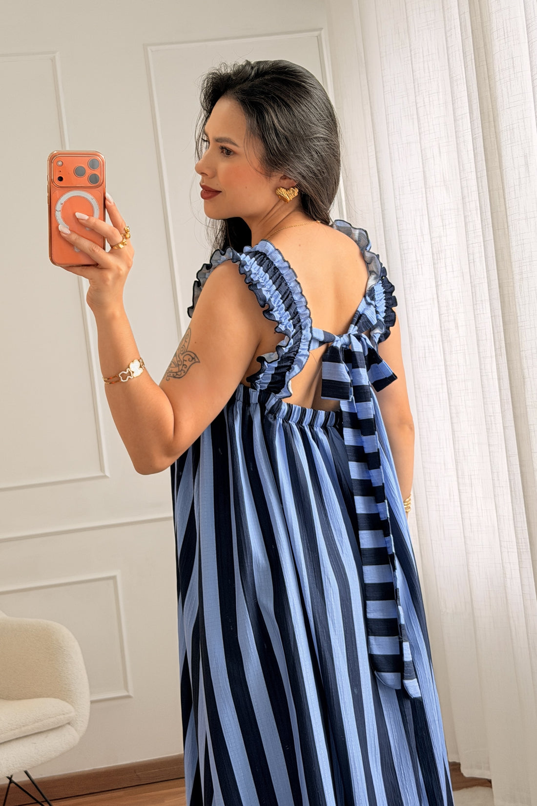 Vestido alça babado listrado com costas em laço - lavishiochicvestidolavishiochic