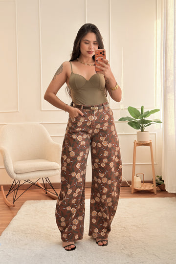 Calça wide leg com estampado de margaridas MOCHY