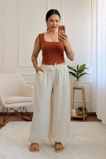 Calça pantalona xadrez vichy