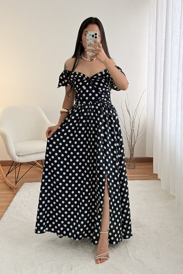 Vestido longo ombro a ombro com bolinhas AZAKA