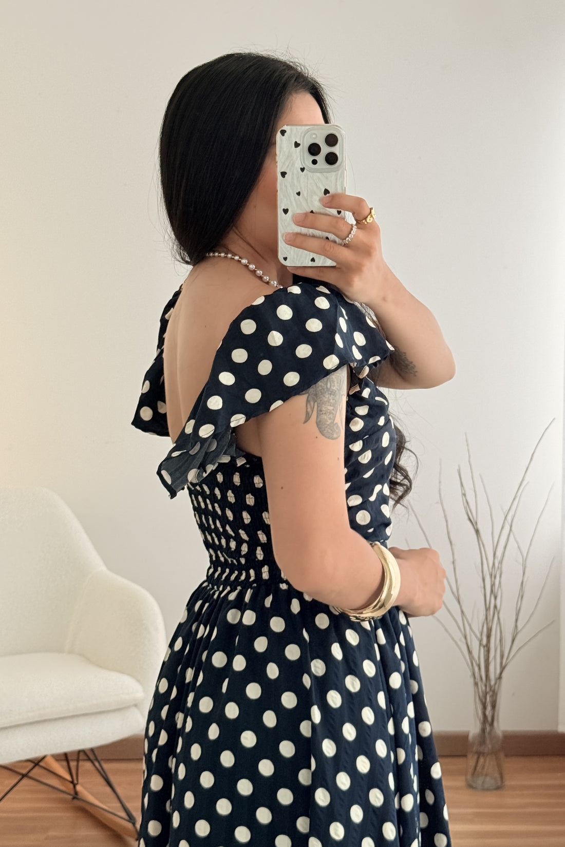 Vestido longo ombro a ombro com bolinhas AZAKA
