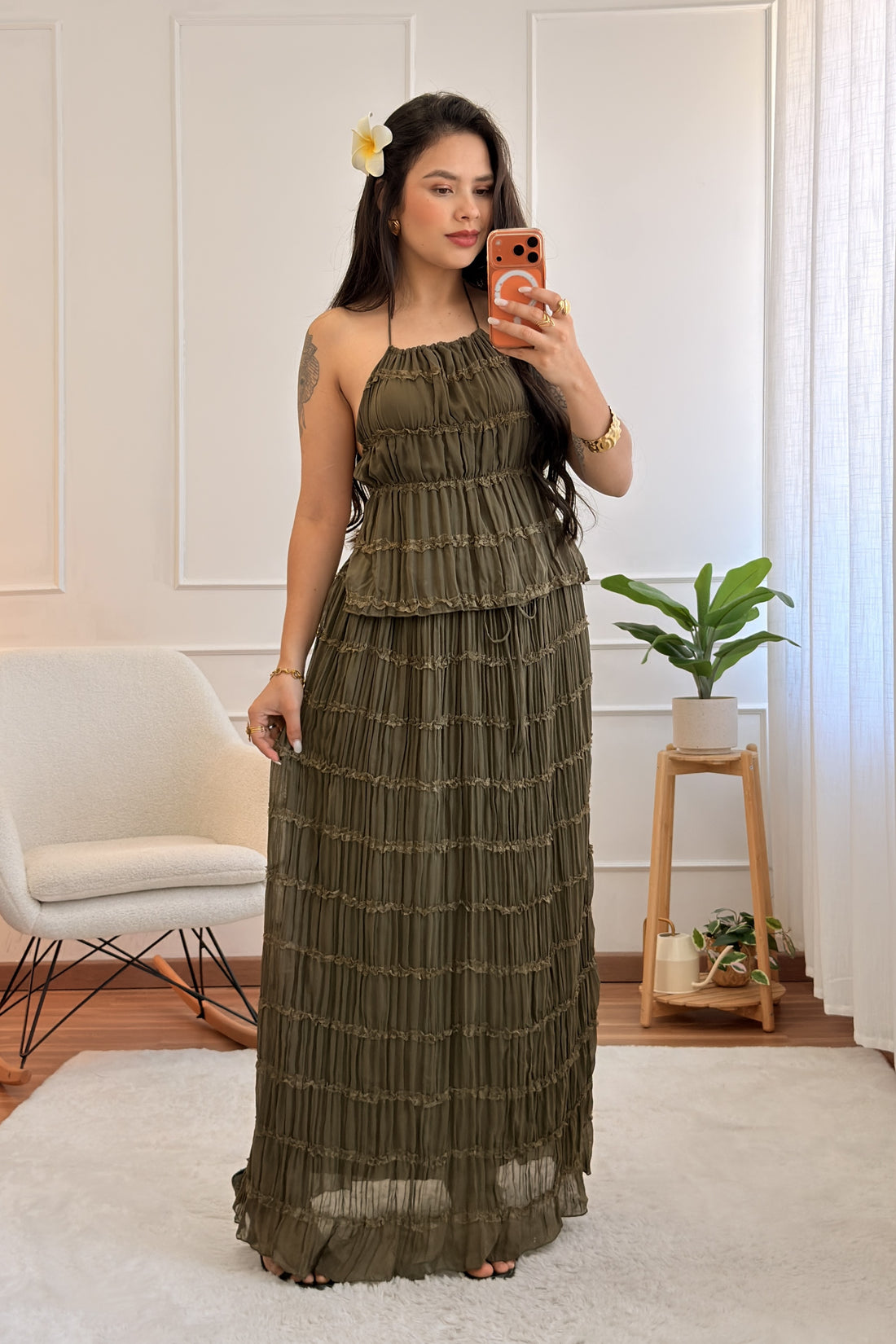 Conjunto plissado com costas abertas  FLAMMODE
