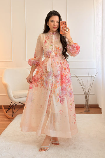 Vestido longo floral com strass