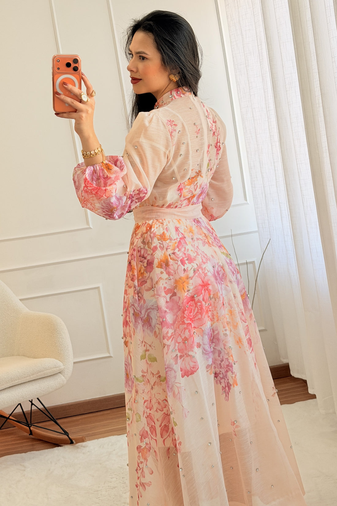 Vestido longo floral com strass