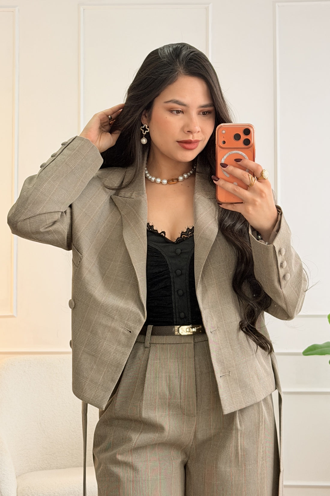 Blazer curto xadrez com cinto DROLE DE COPINE - lavishiochicBlazerDrole de copine Paris