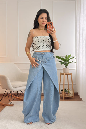 Calças jeans wide leg transpassada  MOCHY