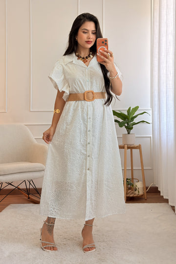 Vestido camisa midi em bordado inglês com cinto