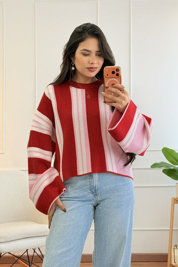 Camisola de tricot listrada com manga larga