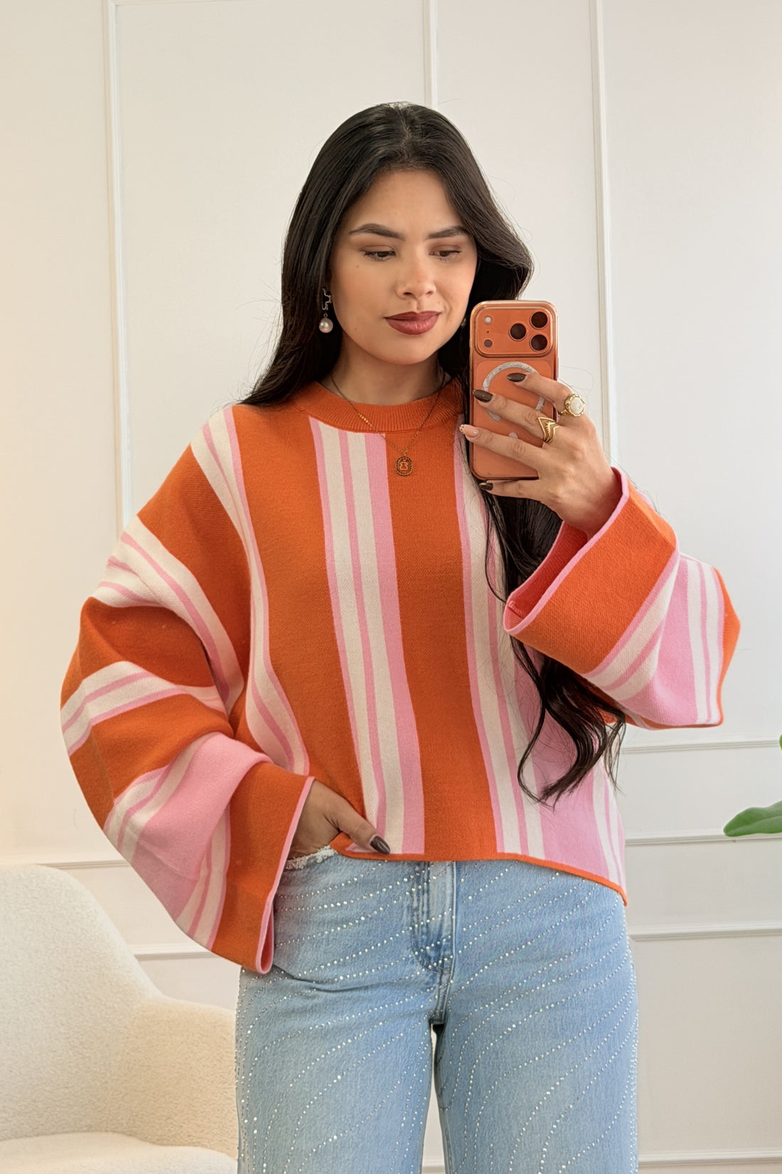 Camisola de tricot listrada com manga larga