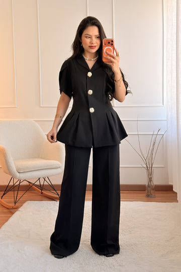 Conjunto de blazer de manga curta e calça