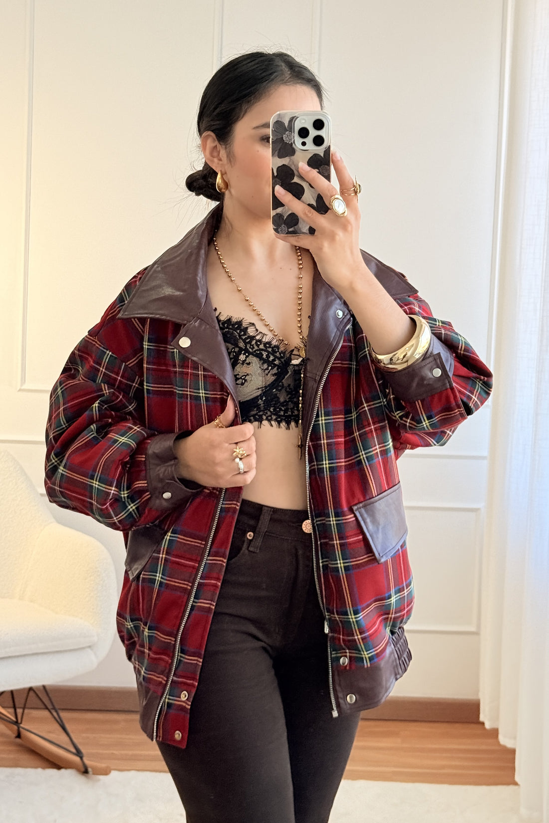 Casaco reversível napa e tecido tartan MOCHY