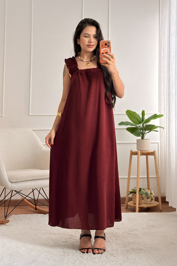 Vestido comprido de alças com folho e laço