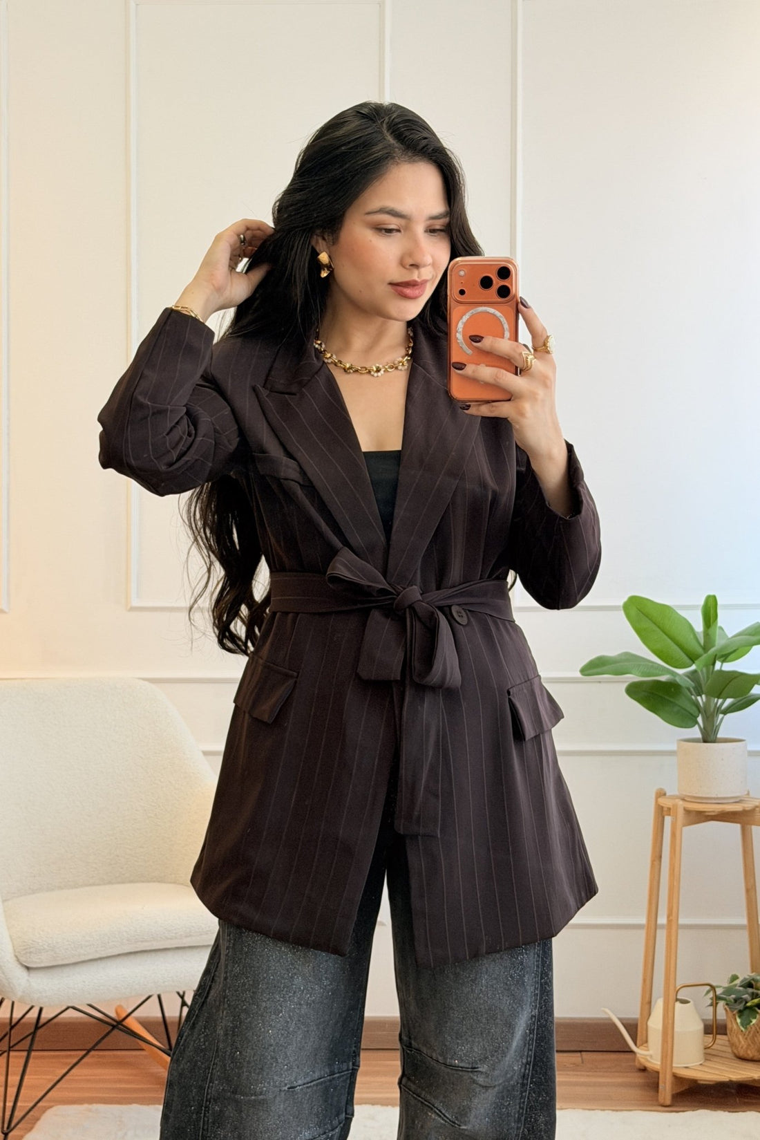 Blazer de risca fina com laço na cintura - lavishiochiccasacoslavishiochic