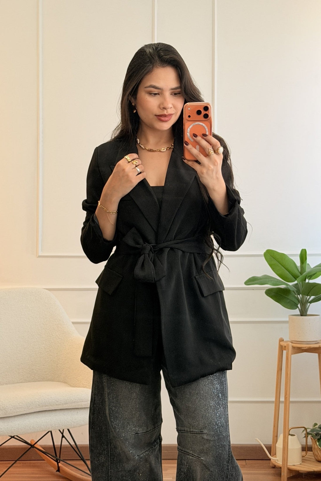 Blazer de risca fina com laço na cintura - lavishiochiccasacoslavishiochic