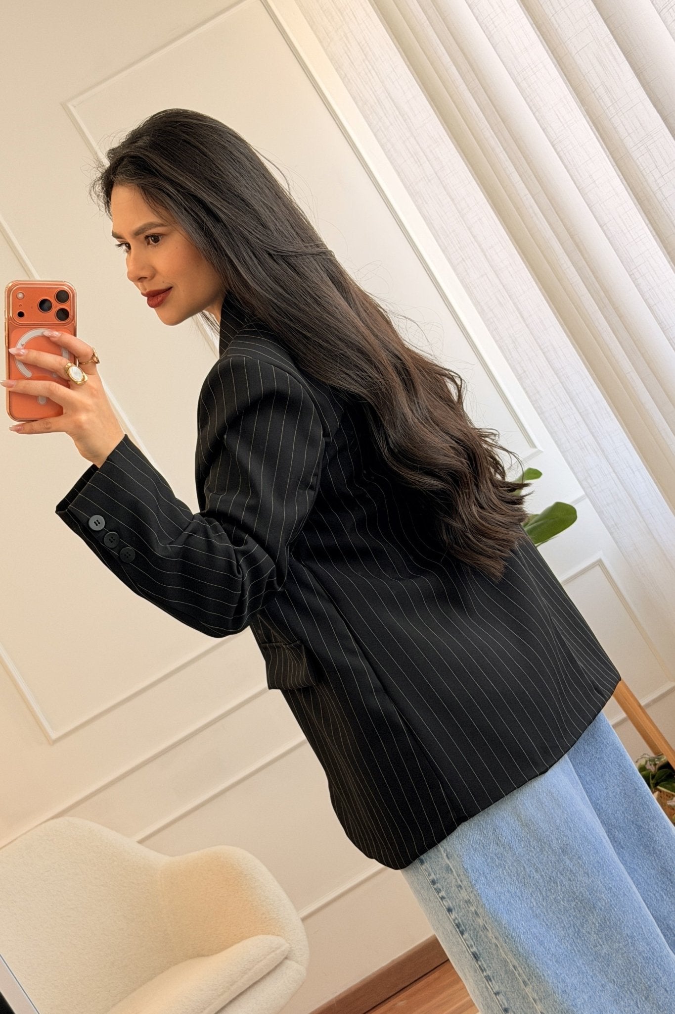 Blazer listrado com gola assimétrica - lavishiochiccasacolavishiochic