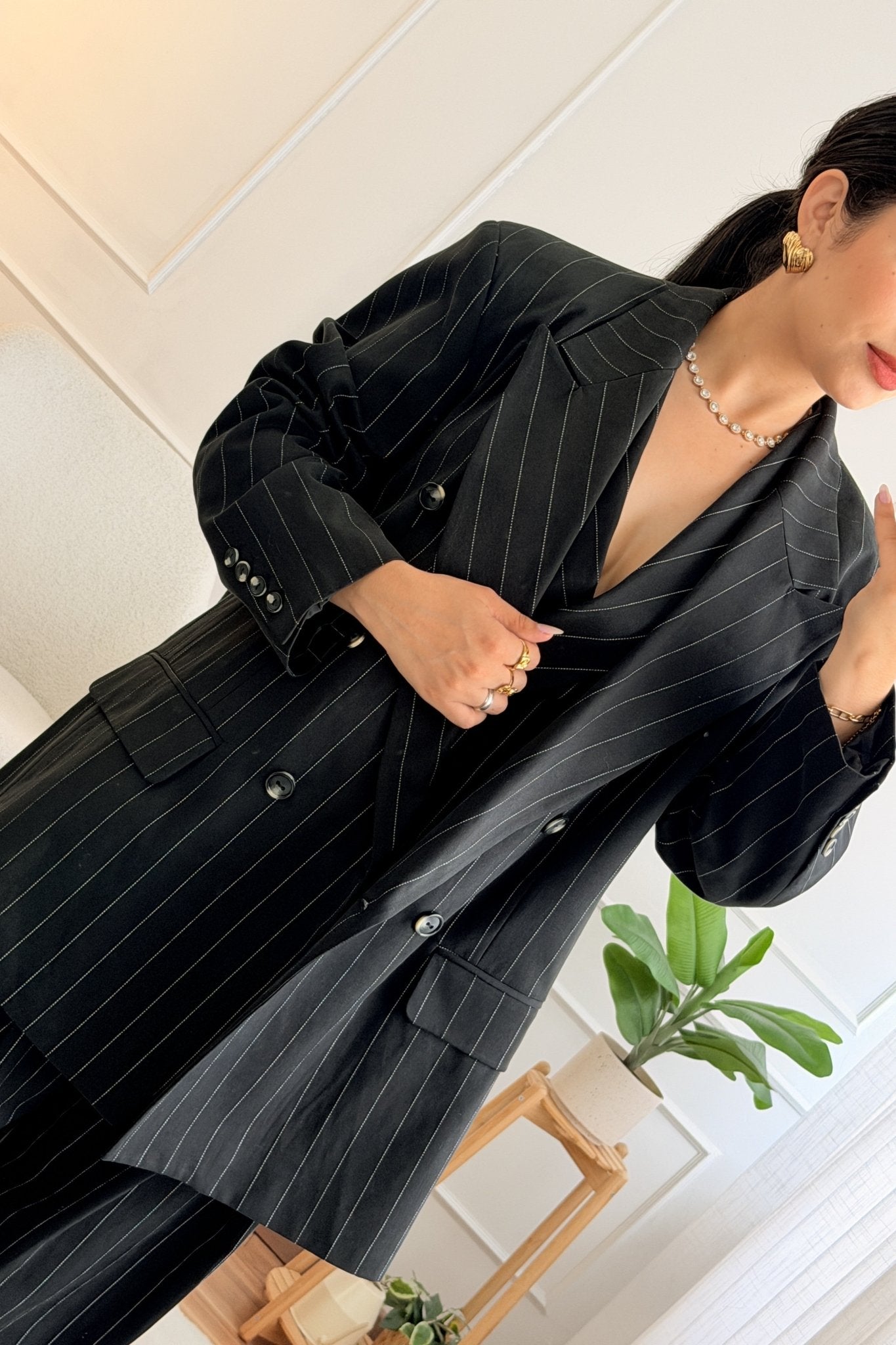 Blazer oversize às riscas com lapelas LUMINA - lavishiochiccasacolumina