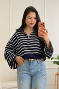 Blusa às riscas com gola polo e fecho-éclair - lavishiochicBlusalavishiochic