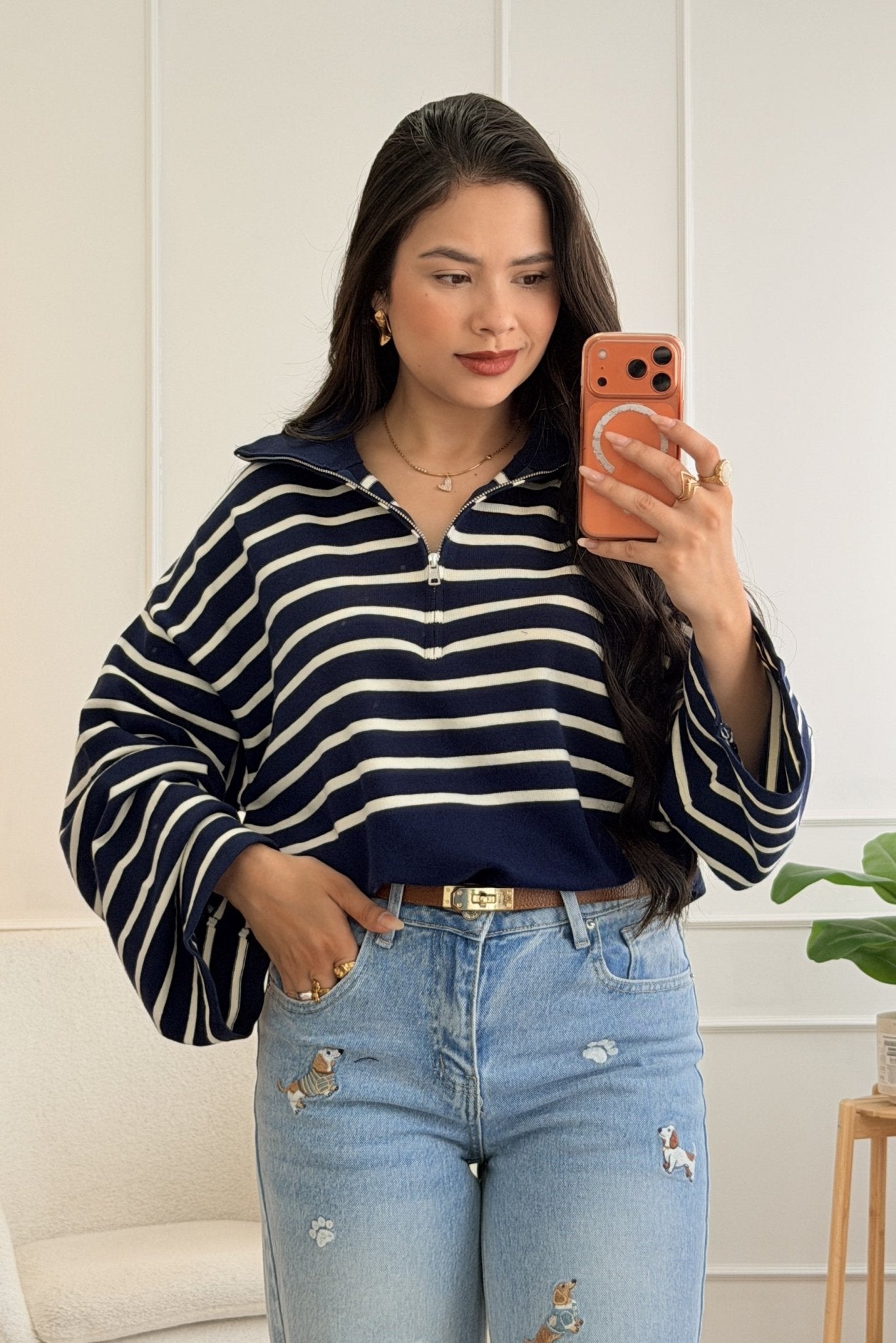 Blusa às riscas com gola polo e fecho-éclair - lavishiochicBlusalavishiochic