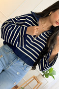 Blusa às riscas com gola polo e fecho-éclair - lavishiochicBlusalavishiochic