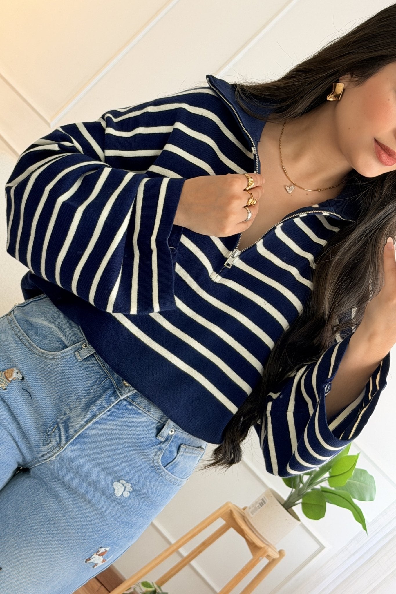 Blusa às riscas com gola polo e fecho-éclair - lavishiochicBlusalavishiochic