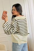 Blusa às riscas com gola polo e fecho-éclair - lavishiochicBlusalavishiochic